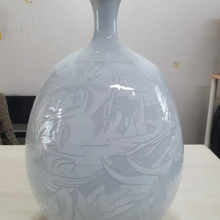 [BUNJANG] Taekwang Ceramic Park Soo Jae Masterpiece Celadon Porcelain Vase / 태광도예 박수재 명장 장생 운학문 백자 앵꼬병