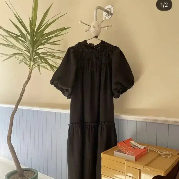 [BUNJANG] Wicomo Daisy Linen Dress - Black S / 위꼬모 데이지 원피스 린넨100% 드레스 하객룩 출근룩 올드머니룩 결혼식