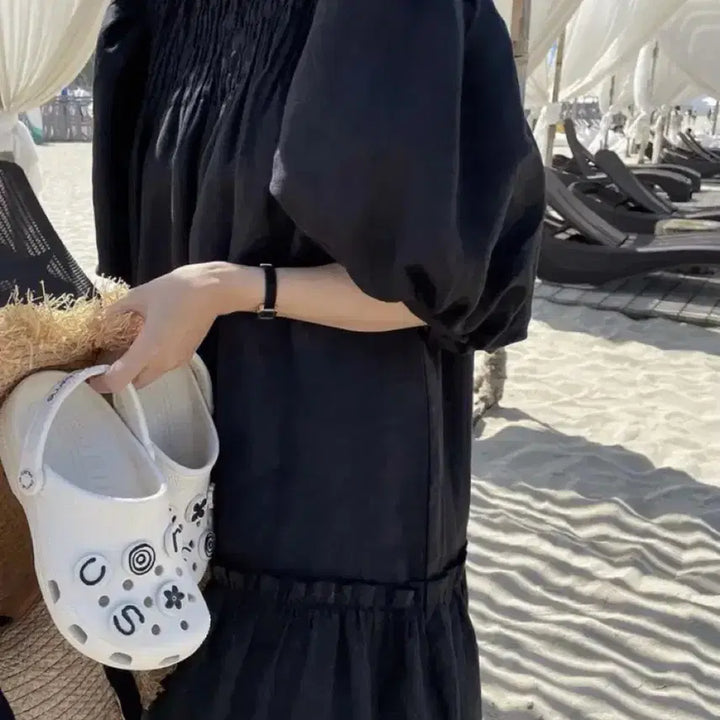[BUNJANG] Wicomo Daisy Linen Dress - Black S / 위꼬모 데이지 원피스 린넨100% 드레스 하객룩 출근룩 올드머니룩 결혼식