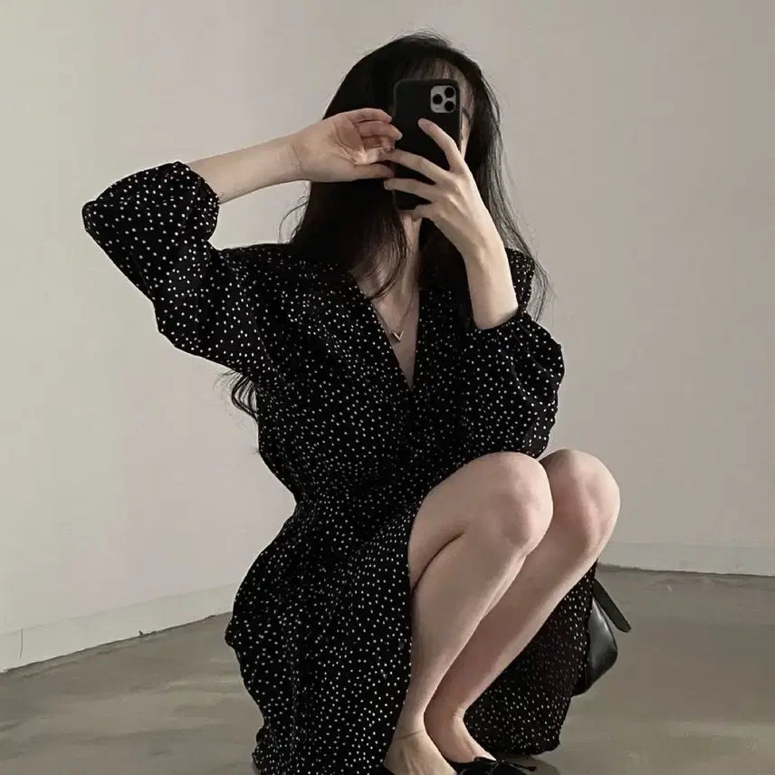 [BUNJANG] Black Dot Wrap Mini Dress / (새상품) 블랙 도트 랩 미니 원피스