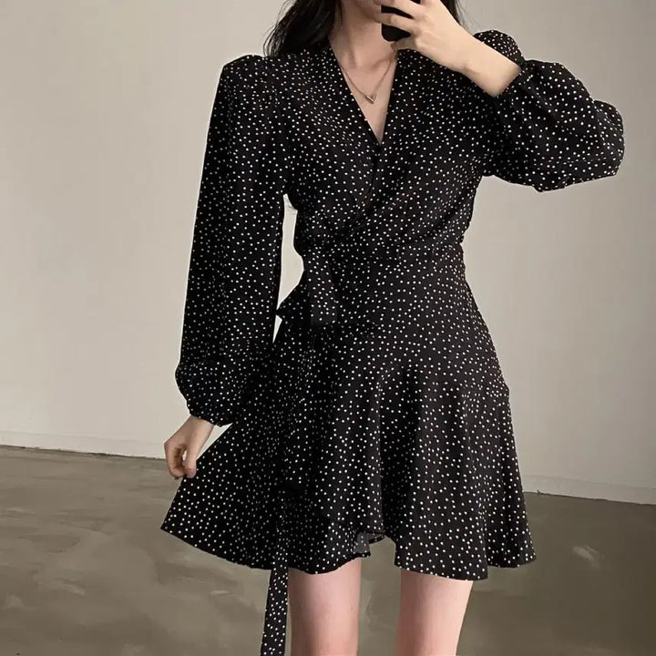[BUNJANG] Black Dot Wrap Mini Dress / (새상품) 블랙 도트 랩 미니 원피스