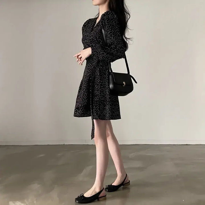 [BUNJANG] Black Dot Wrap Mini Dress / (새상품) 블랙 도트 랩 미니 원피스