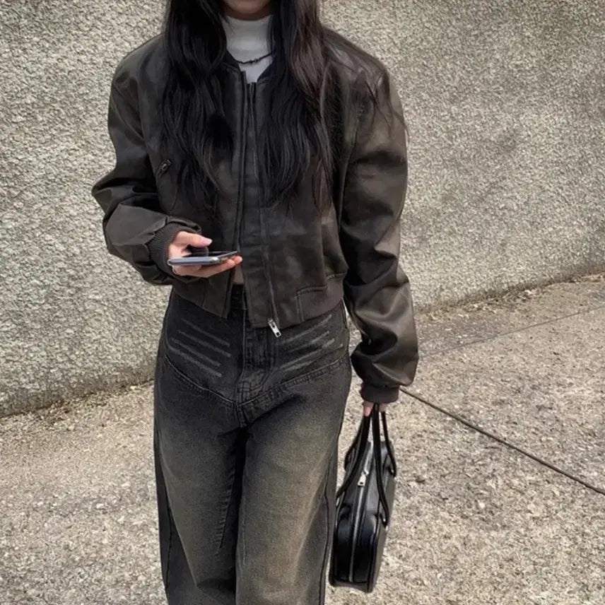 [BUNJANG] Leather Blouson Jacket / 레더 블루종 자켓