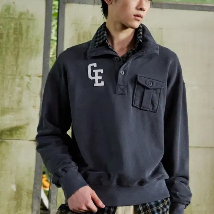 [BUNJANG] Garden Express Half Neck Button Up Sweatshirt Charcoal M / 가든 익스프레스 하프넥 버튼 업 스웻셔츠 차콜 m