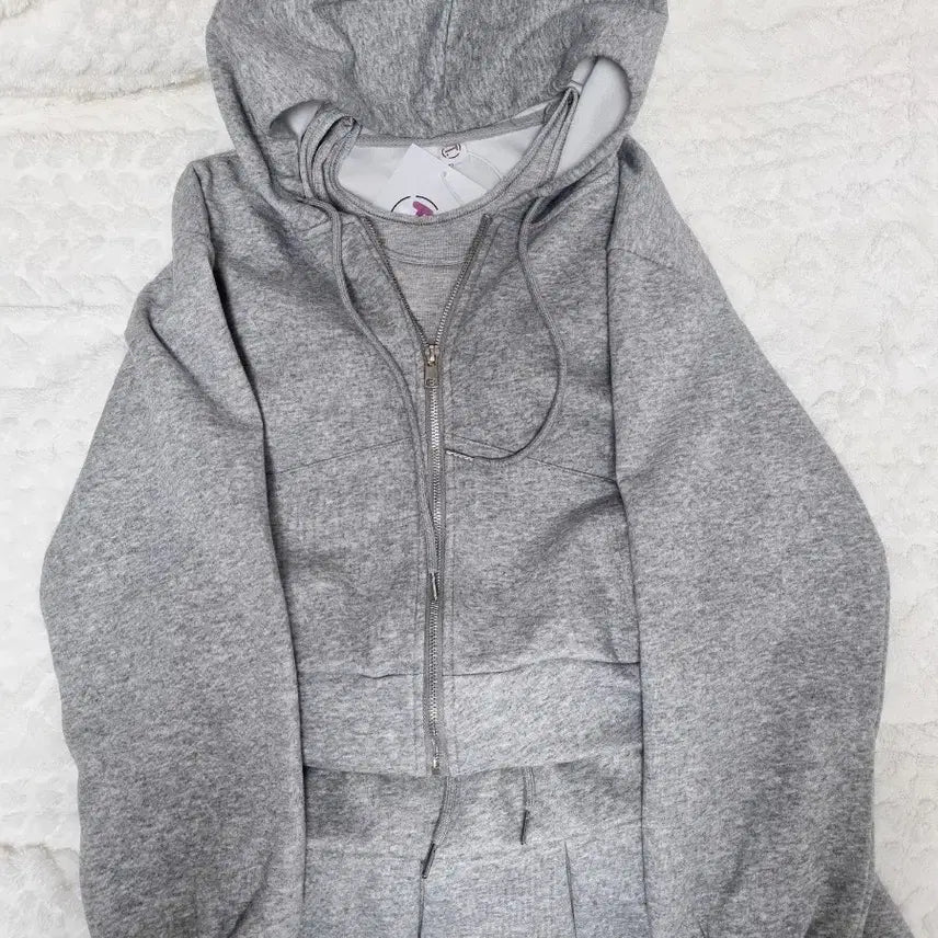 [BUNJANG] Gray Hoodie Zip-up Set (Outerwear + Camisole + Skirt) / 회색 후드집업 세트 (아우터+나시+스커트)