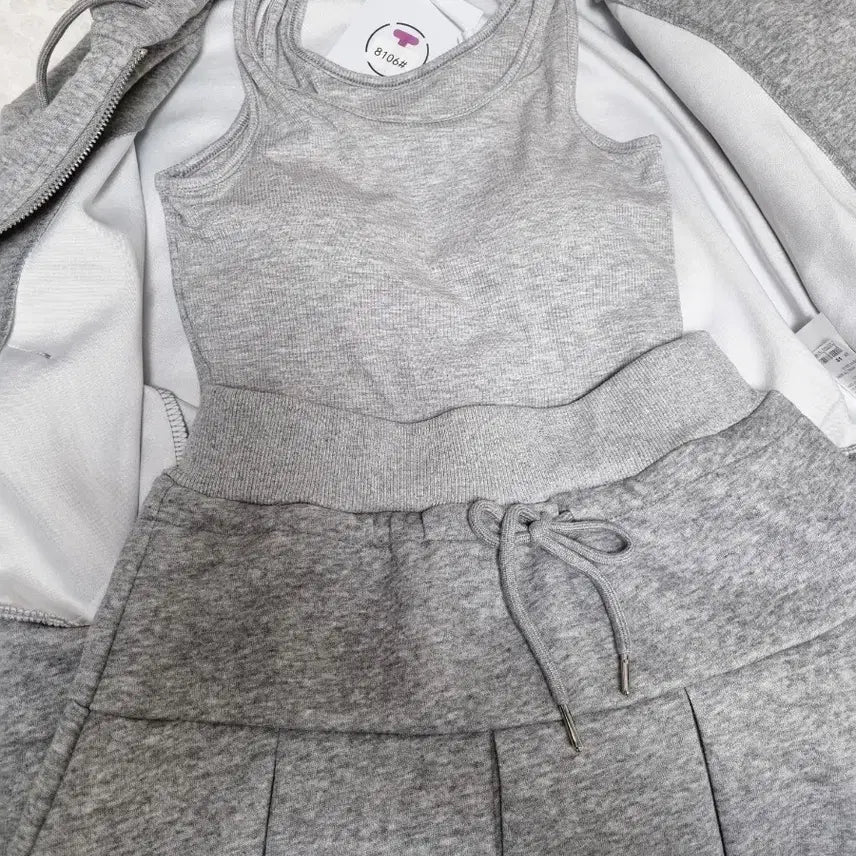 [BUNJANG] Gray Hoodie Zip-up Set (Outerwear + Camisole + Skirt) / 회색 후드집업 세트 (아우터+나시+스커트)