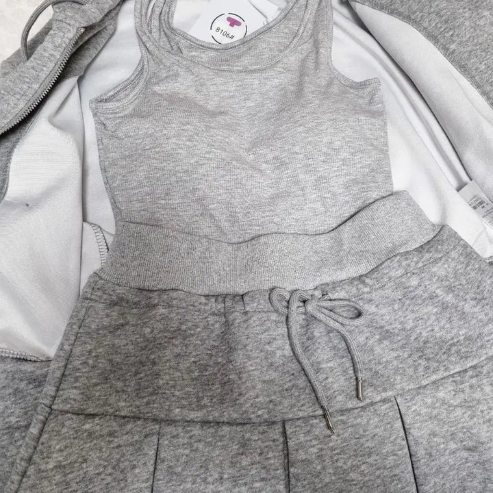 [BUNJANG] Gray Hoodie Zip-up Set (Outerwear + Camisole + Skirt) / 회색 후드집업 세트 (아우터+나시+스커트)