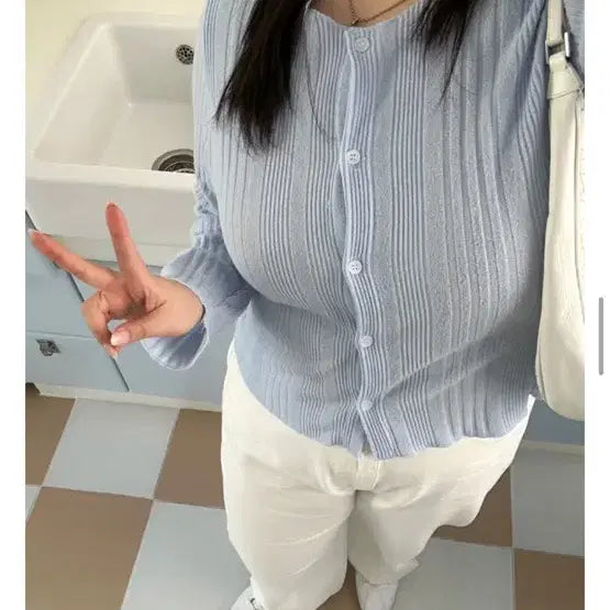 [BUNJANG] Richmood Jije Ribbed Round Cardigan - Sky Blue / 리치무드 지제 골지 라운드 가디건 스카이2