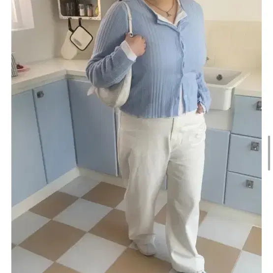 [BUNJANG] Richmood Jije Ribbed Round Cardigan - Sky Blue / 리치무드 지제 골지 라운드 가디건 스카이2