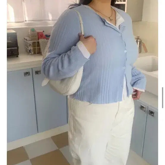 [BUNJANG] Richmood Jije Ribbed Round Cardigan - Sky Blue / 리치무드 지제 골지 라운드 가디건 스카이2