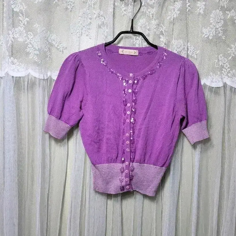 [BUNJANG] Reneevon Purple Short Sleeve Cardigan / 레니본 Reneevon 퍼플 색상의 반팔 가디건
