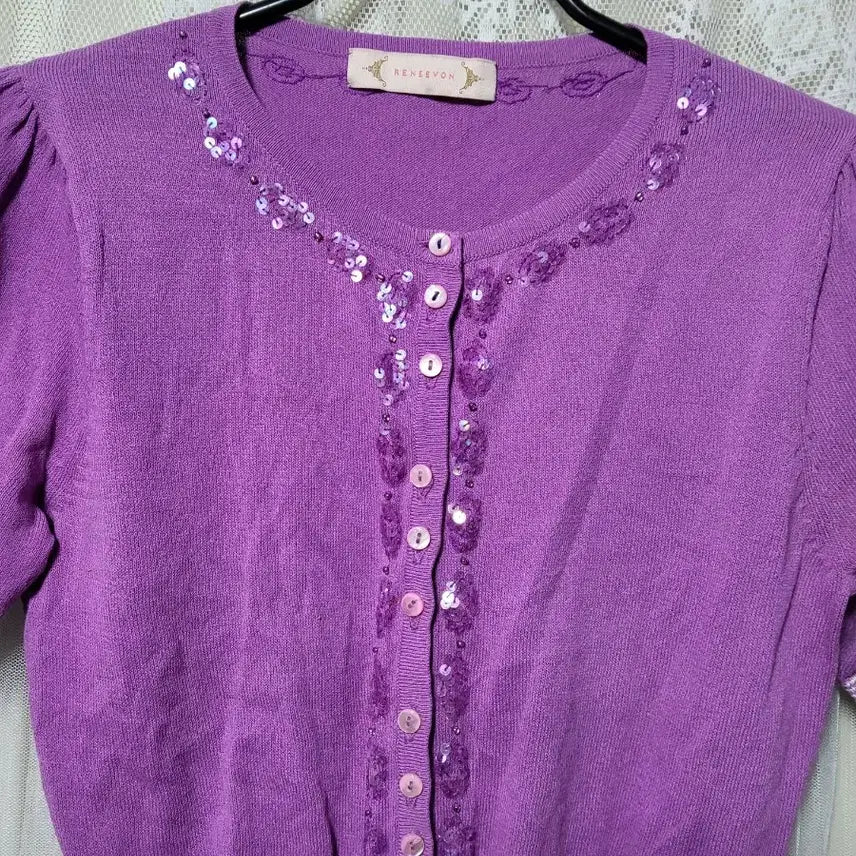 [BUNJANG] Reneevon Purple Short Sleeve Cardigan / 레니본 Reneevon 퍼플 색상의 반팔 가디건