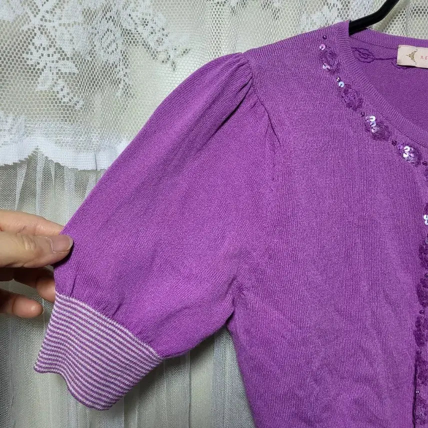 [BUNJANG] Reneevon Purple Short Sleeve Cardigan / 레니본 Reneevon 퍼플 색상의 반팔 가디건