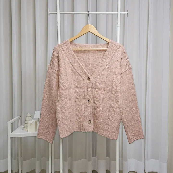 [BUNJANG] V-Neck Cable Knit Colorblock Cardigan / 깊은 브이넥 꽈배기 배색 러블리 가디건