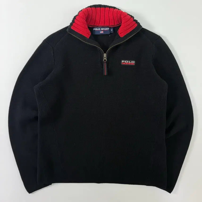[SOLD OUT] Polo  폴로 스포츠 패치 코튼 블랙 반집업 니트