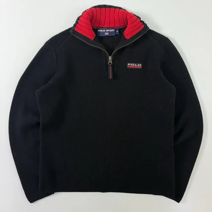 [SOLD OUT] Polo  폴로 스포츠 패치 코튼 블랙 반집업 니트