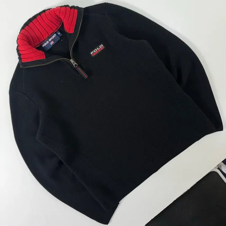[SOLD OUT] Polo  폴로 스포츠 패치 코튼 블랙 반집업 니트