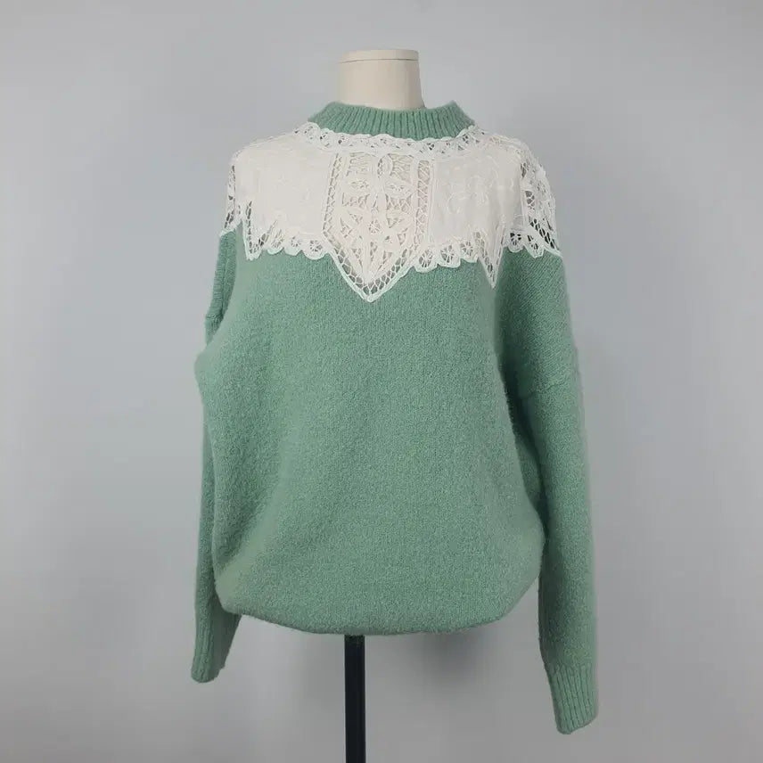 [BUNJANG] Lace Point Mint Green Knit Top / 0070.레이스 포인트 민트색 니트