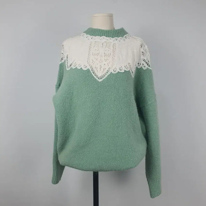 [BUNJANG] Lace Point Mint Green Knit Top / 0070.레이스 포인트 민트색 니트