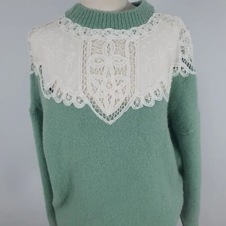 [BUNJANG] Lace Point Mint Green Knit Top / 0070.레이스 포인트 민트색 니트