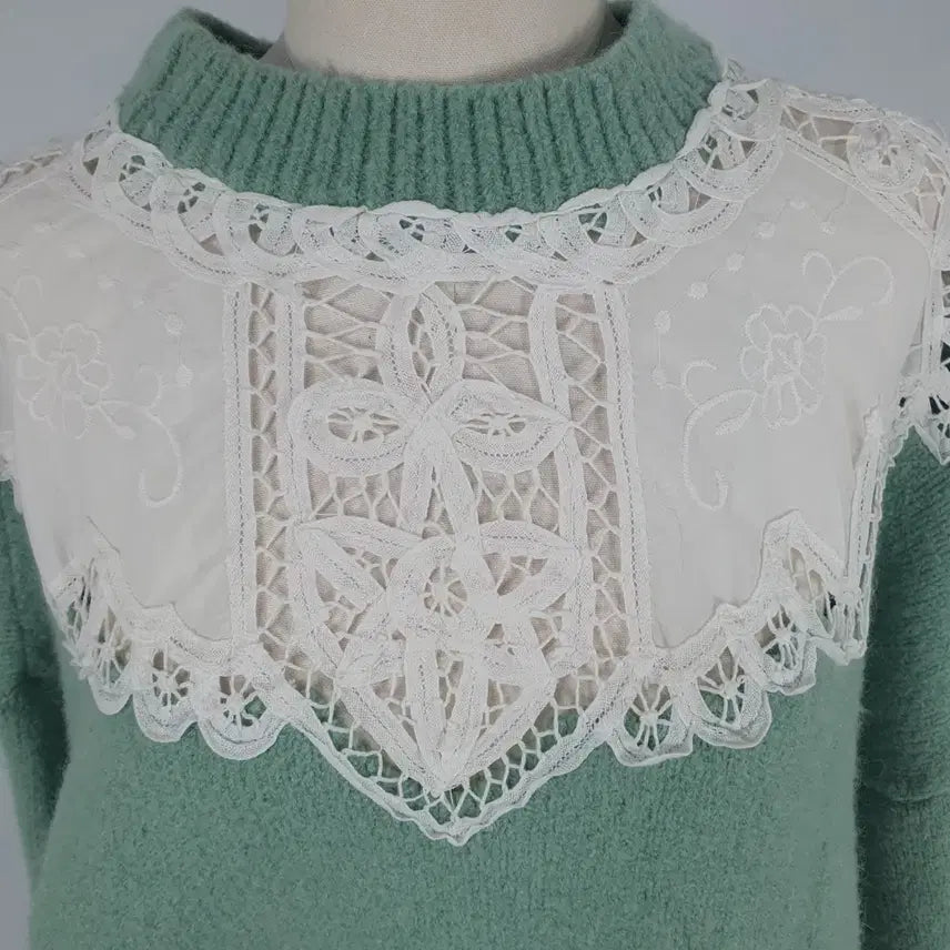 [BUNJANG] Lace Point Mint Green Knit Top / 0070.레이스 포인트 민트색 니트
