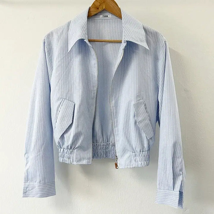 [BUNJANG] Striped Collar Zip-Up Jacket / (새상품)여성 스트라이프 카라 자켓 집업 점퍼 블루종 아우터