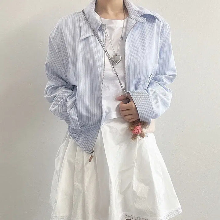 [BUNJANG] Striped Collar Zip-Up Jacket / (새상품)여성 스트라이프 카라 자켓 집업 점퍼 블루종 아우터