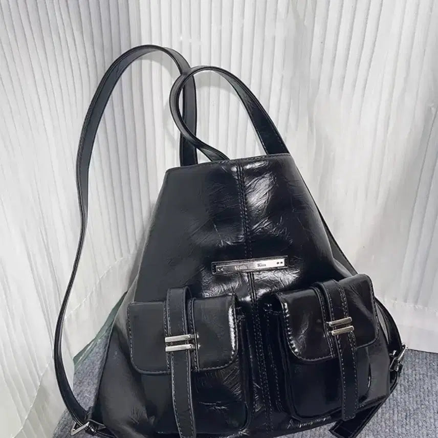 [BUNJANG] Matin Kim Black Leather Pocket Backpack / 마뗑킴 블랙 레더 포켓 백팩