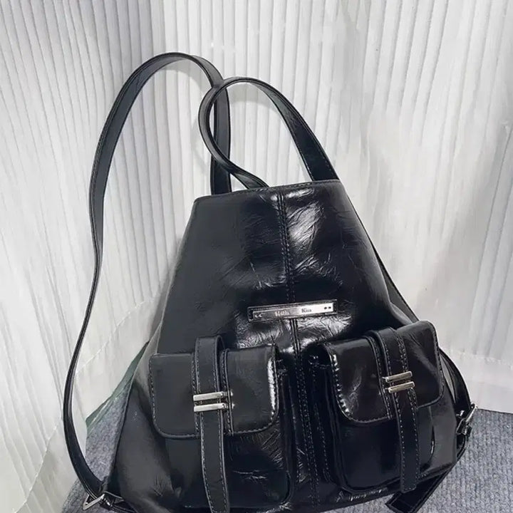 [BUNJANG] Matin Kim Black Leather Pocket Backpack / 마뗑킴 블랙 레더 포켓 백팩