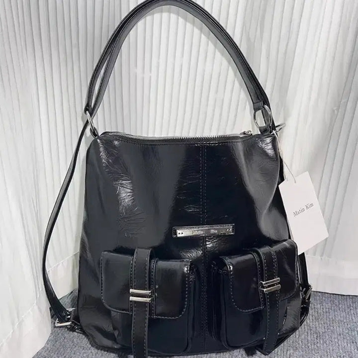 [BUNJANG] Matin Kim Black Leather Pocket Backpack / 마뗑킴 블랙 레더 포켓 백팩