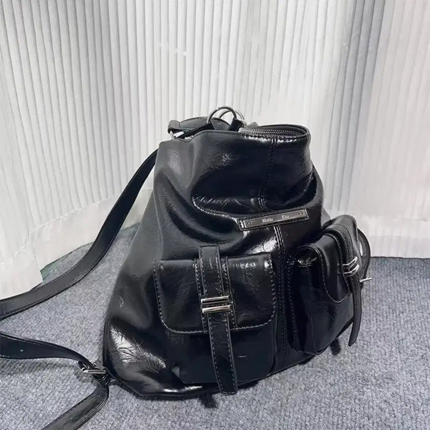 [BUNJANG] Matin Kim Black Leather Pocket Backpack / 마뗑킴 블랙 레더 포켓 백팩