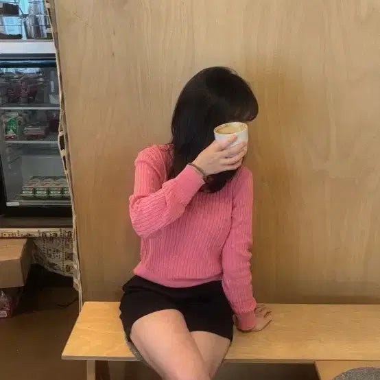 [BUNJANG] Pink Ribbed Knit Long Sleeve Top / 핑크 골지 니트 긴팔티