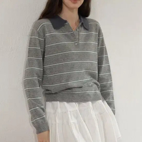 [BUNJANG] Lethera Striped Collar Knit Gray / 레테라 스트라이프 카라 니트 그레이
