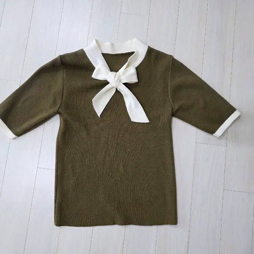 [BUNJANG] Ribbon Olive Knit Top / 리본 반팔 니트 올리브 55