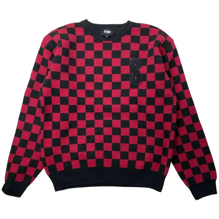 [BUNJANG] STORM LONDON Checkered Knit Sweater Red/Black L / 스톰런던 체크 패턴 니트 스웨터 레드/블랙 L