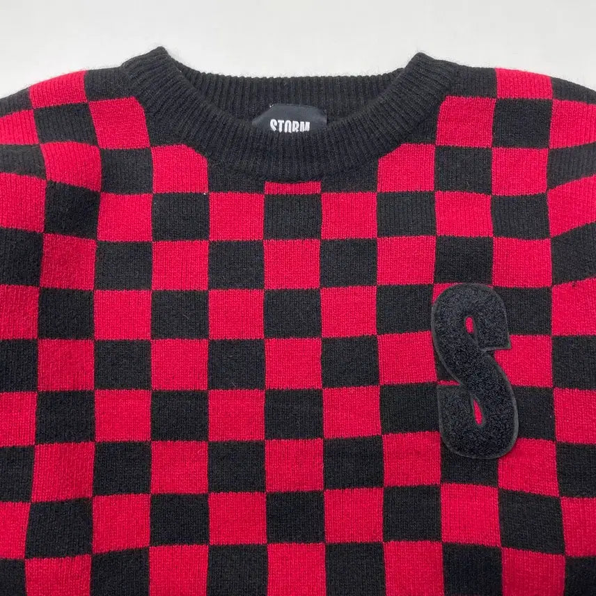 [BUNJANG] STORM LONDON Checkered Knit Sweater Red/Black L / 스톰런던 체크 패턴 니트 스웨터 레드/블랙 L