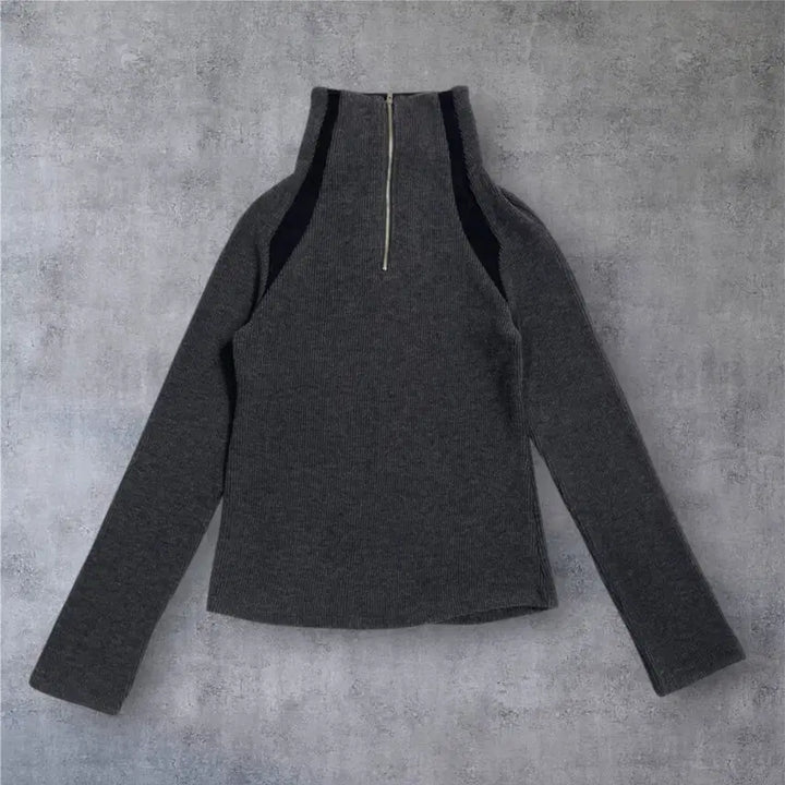 [BUNJANG] Matin Kim Charcoal High-Neck Raglan Half-Zip Knit / 마뗑킴 Matin Kim 차콜 하이넥 래글런 하프집업 니트