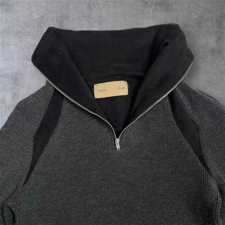 [BUNJANG] Matin Kim Charcoal High-Neck Raglan Half-Zip Knit / 마뗑킴 Matin Kim 차콜 하이넥 래글런 하프집업 니트