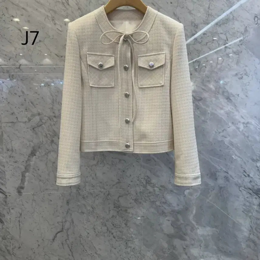 [BUNJANG] Js New York Style Ivory Tweed Jacket / js뉴욕스타일신상(당일발송)라운드 포켓 리본 포인트 아이보리 트위드자켓
