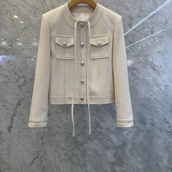 [BUNJANG] Js New York Style Ivory Tweed Jacket / js뉴욕스타일신상(당일발송)라운드 포켓 리본 포인트 아이보리 트위드자켓