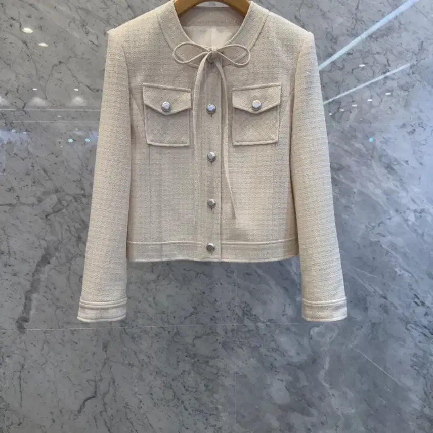 [BUNJANG] Js New York Style Ivory Tweed Jacket / js뉴욕스타일신상(당일발송)라운드 포켓 리본 포인트 아이보리 트위드자켓