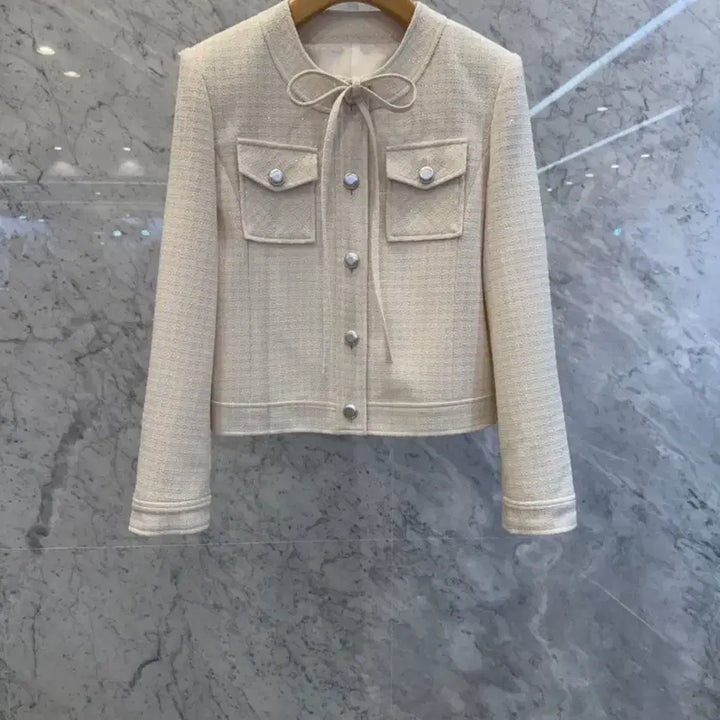 [BUNJANG] Js New York Style Ivory Tweed Jacket / js뉴욕스타일신상(당일발송)라운드 포켓 리본 포인트 아이보리 트위드자켓