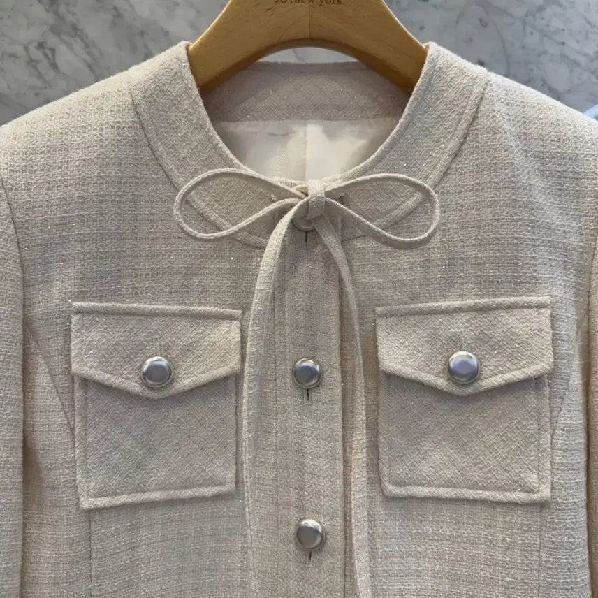 [BUNJANG] Js New York Style Ivory Tweed Jacket / js뉴욕스타일신상(당일발송)라운드 포켓 리본 포인트 아이보리 트위드자켓
