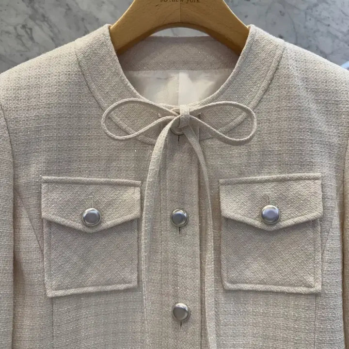 [BUNJANG] Js New York Style Ivory Tweed Jacket / js뉴욕스타일신상(당일발송)라운드 포켓 리본 포인트 아이보리 트위드자켓