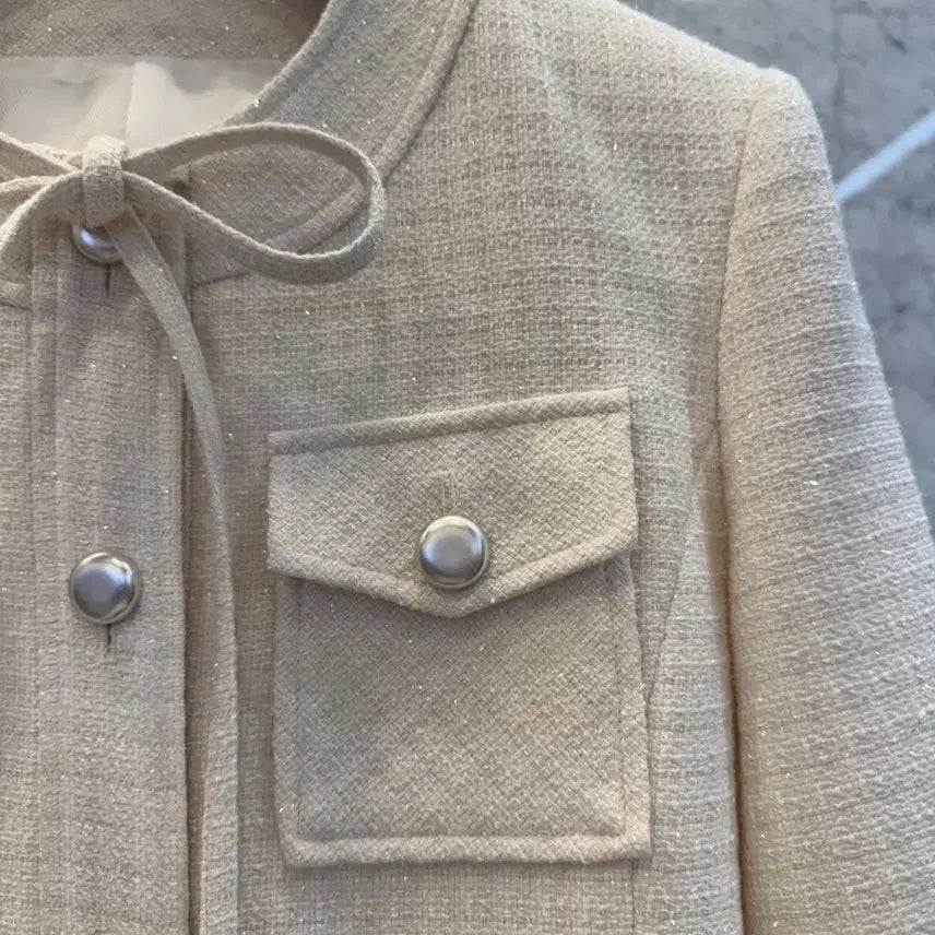 [BUNJANG] Js New York Style Ivory Tweed Jacket / js뉴욕스타일신상(당일발송)라운드 포켓 리본 포인트 아이보리 트위드자켓