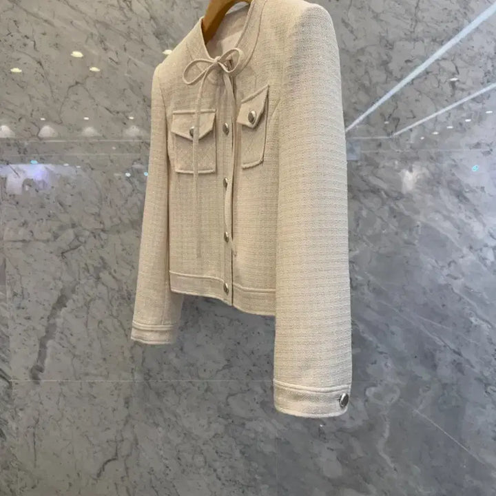 [BUNJANG] Js New York Style Ivory Tweed Jacket / js뉴욕스타일신상(당일발송)라운드 포켓 리본 포인트 아이보리 트위드자켓
