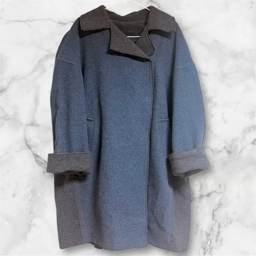 [BUNJANG] Designer Wool Blend Color Block Long Coat / 디자인어 블루/차콜 배색 모직 모 코트 롱자켓 778899정도 프리