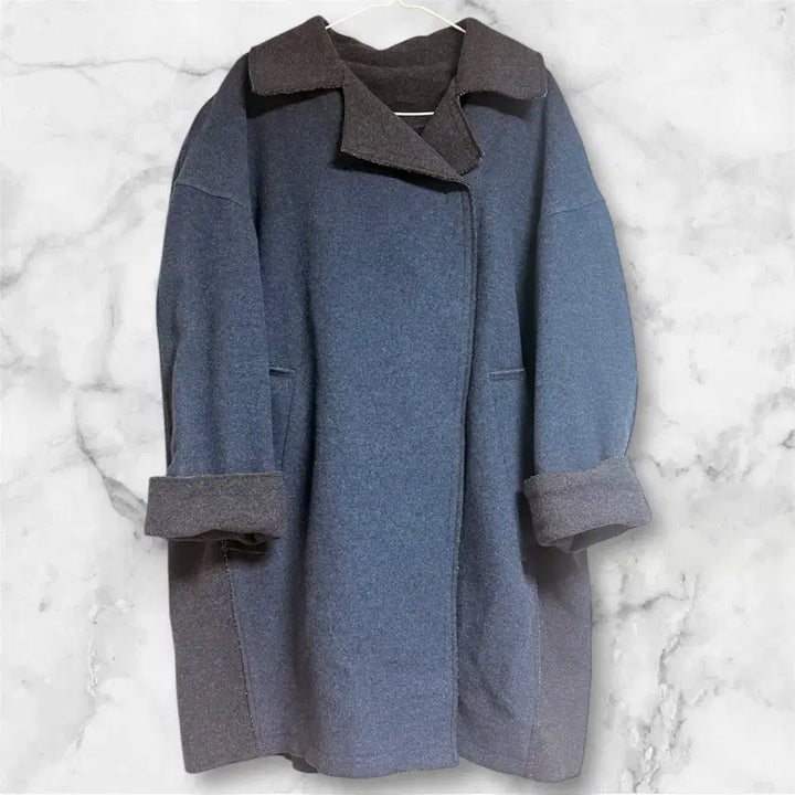 [BUNJANG] Designer Wool Blend Color Block Long Coat / 디자인어 블루/차콜 배색 모직 모 코트 롱자켓 778899정도 프리