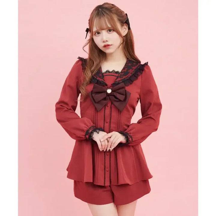 [BUNJANG] Secret Honey Sailor Collar Set Up / 시허니 헤이스 세일러카라 셋업 와인 레드