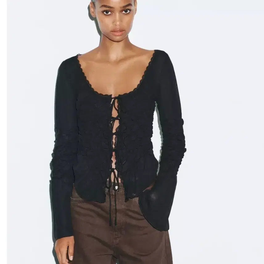 [BUNJANG] ZARA Shirred Ribbon Top - Small / 자라 셔링 리본 탑 스몰 새옷 4813/845/800